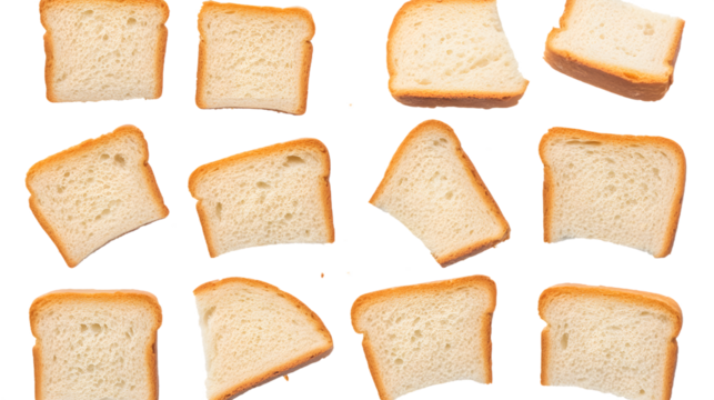 Slices of white bread floating on a transparent background showcasing various angles and shapes in a creative composition