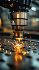 Automated steel cutting machine creating sparks from metal