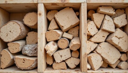 Light Beige And Brown Porous Materials In Wooden Box Compartments