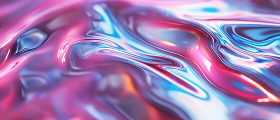 Obraz premium Rippled holographic film reflecting colorful light waves with neon pink blue silver hues