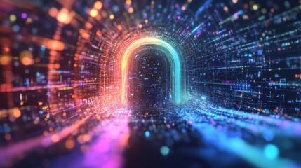 Vibrant Rainbow Digital Tunnel with Intricate Patterns and Colors