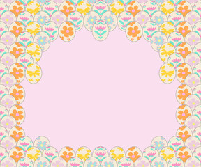 Happy Easter frame with a hand drawn textured decorated eggs, and wildflowers. Cute background in pastel colors, trendy elegant typography. Horizontal template for greeting card, poster