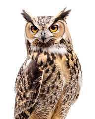 Obraz premium Majestic owl perched gracefully with striking features on a transparent background, showcasing vibrant eyes and intricate plumage