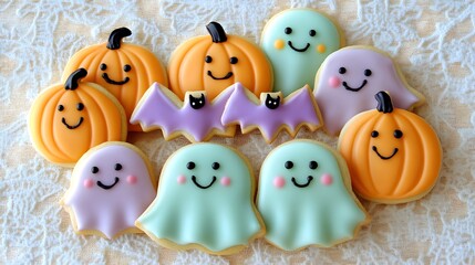 Festive Halloween cookies shaped like ghosts pumpkins and bats with colorful icing