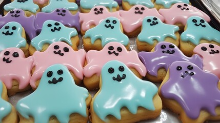 Fototapeta premium Festive Halloween cookies shaped like ghosts pumpkins and bats with colorful icing