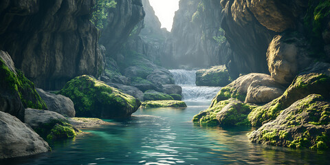 Peaceful River Flowing Through a Canyon with Moss-Covered Cliffs for Nature Exploration, Tranquil Escapes, or Environmental Awareness