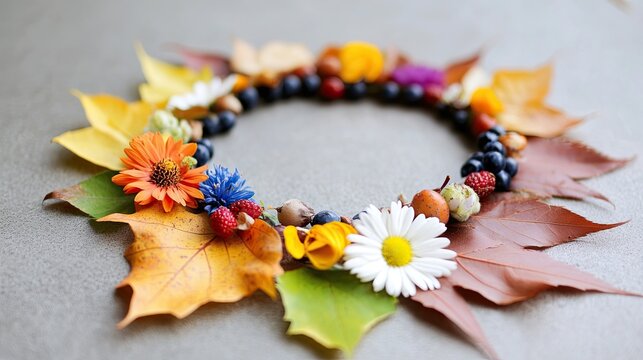 Autumn leaves with flowers and berries, laid out in a circle .