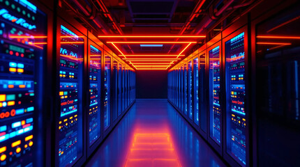 A long hallway with rows of servers glowing with blue and orange lights.