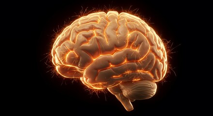 Glowing Human Brain 3D Render Isolated on Black Background