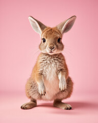 Fototapeta premium cute fluffy doll kangaroo pounces on its prey with precision, vibrant pastel backdrop enhances the playful mood.