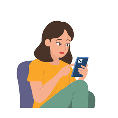 girl on the phone. girl playing phone while sitting on a chair. teenager reading something through phone. simple flat character design