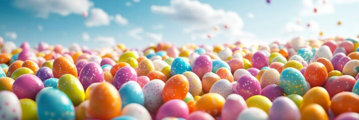 Brightly colored eggs dotting a sunlit landscape during a joyful springtime hunt