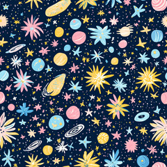 Cosmic Dreamscape - Vibrant Seamless Pattern with Stars, Planets, and Nebulae for Creative Projects