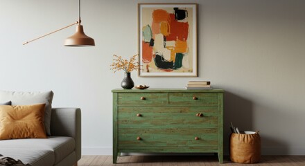 Obraz premium Modern Earthy Living Room with Green Dresser and Abstract Art