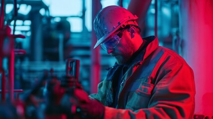 Obraz premium Engineer Conducting Vibration Analysis in Industrial Environment
