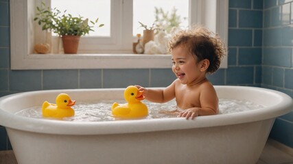 children bathing in the bathtub accompanied by toy ducks