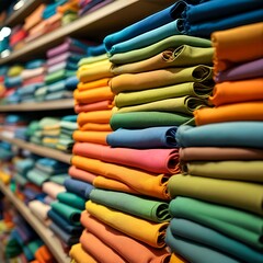 Stacks of folded fabric in various colors on shelves in a store.