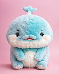 Fototapeta premium Cute fluffy doll whale puffs up, appearing larger in pastel colors.