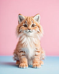 Obraz premium Cute fluffy doll lynx balances on one foot, showcasing its pastel colors against a relaxed studio backdrop.