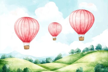 Fototapeta premium A whimsical watercolor painting of three pink hot air balloons soaring above green hills under a soft blue sky.