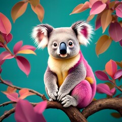 Obraz premium A colorful koala with a pink and yellow body is sitting on a branch of a tree surrounded by leaves.