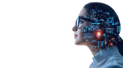 Futuristic digital interface woman portrait with technological overlays showcasing advanced computing data analytics and learning concepts