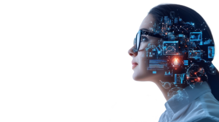 Futuristic digital interface woman portrait with technological overlays showcasing advanced computing data analytics and learning concepts