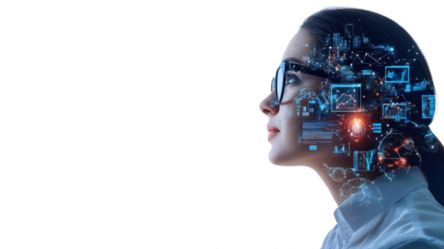 Futuristic digital interface woman portrait with technological overlays showcasing advanced computing data analytics and learning concepts