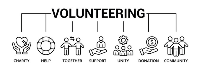 Volunteering banner icon with charity, help, together, support, unity, donation, community