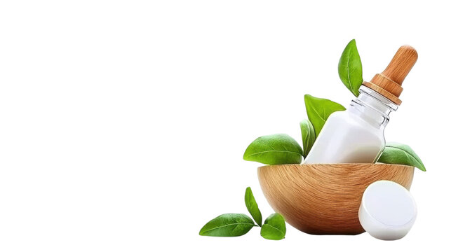 Herbal remedy ingredients in a wooden mortar and pestle on a white background  Natural alternative medicine aromatherapy and holistic health concept