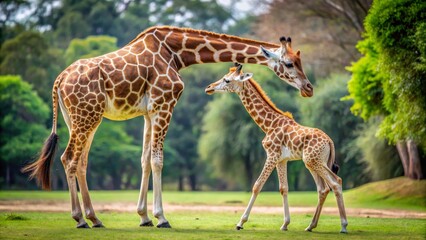 Obraz premium A mother giraffe tenderly stands beside her young calf in a lush green meadow, a picturesque scene of wildlife tranquility and family bonding.