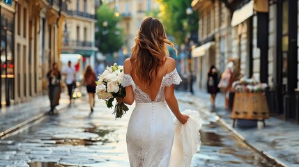 Naklejka premium A woman in a white dress carries a bouquet of flowers through the city streets . 