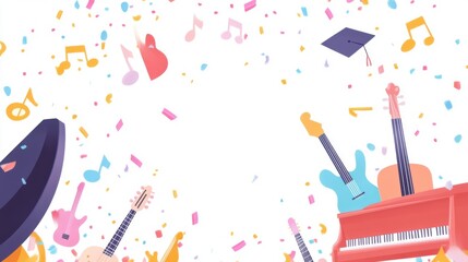 blank blackboard empty blackboard school. Colorful Music Celebration Background with Confetti and Instruments