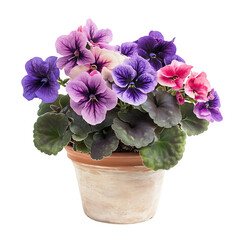 A Potted African Violet Plant with Deep Purple and White Pansies Isolated on Transparent Background