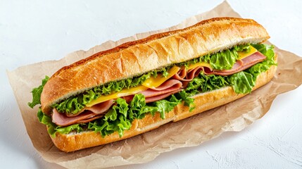 Fresh ham and cheese baguette sandwich with lettuce symbolizing a delicious and convenient meal option