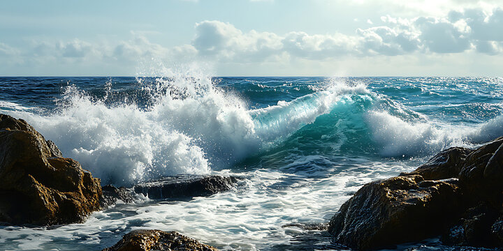Dramatic Ocean Waves Crashing Against Rocks in Hyper-Realistic Detail for Sea Power and Dynamic Energy