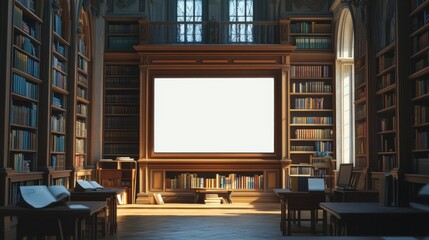 blank blackboard empty blackboard school. Grand Library Interior with Blank Screen Display