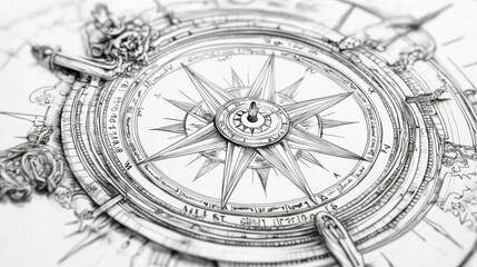 Naklejka premium Intricate Ornate Compass Rose Design Drawing
