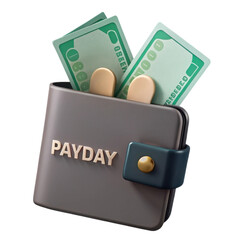 A wallet labeled "PAYDAY" with cash peeking out, symbolizing financial success and income, illustration of 3d rendering.