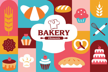 Geometric Bakery Background,  icons and elements for 
poster, banner, cover design, restaurant cafe, food menu. Hand drawn illustration.

