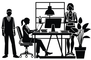 Fototapeta premium Silhouette office employees discussing at work desk black color only