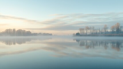 Fototapeta premium Ethereal lakeside scene with delicate fog and mirrored reflections