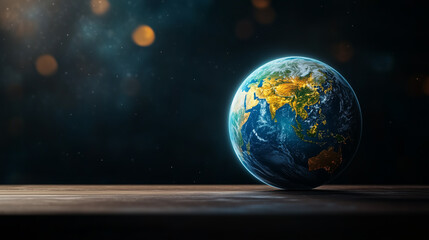 Fototapeta premium earth on a wooden table with ray,dark background