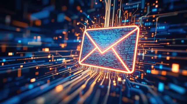 Glowing Email Envelope Icon on a Futuristic Circuit Board Background, Digital Communication