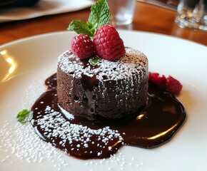 chocolate lava cake with a perfectly molten center oozing out onto the plate. 