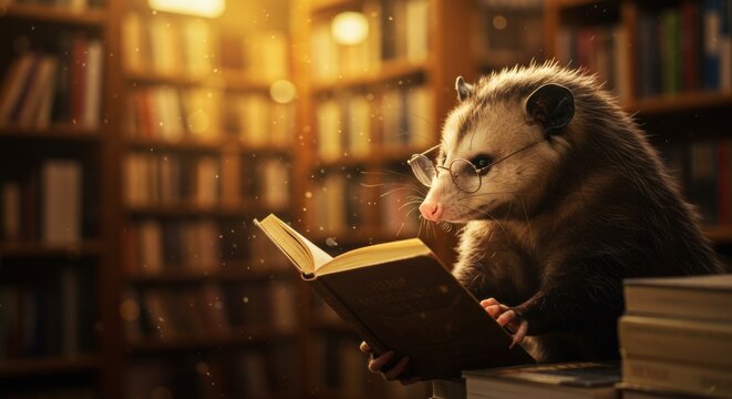 A curious opossum wearing glasses reads a book in a cozy library filled with bookshelves - possum photo