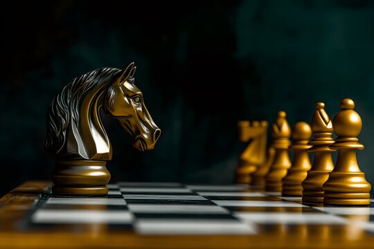 Golden chess knight face to other chess pieces , concept of disruption and leadership , competition , self confident , decisin making and strategies , challenges accepting , Business concept