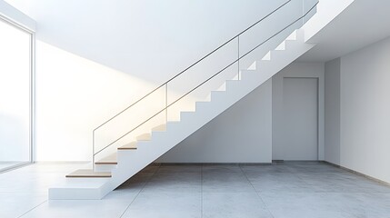 Obraz premium Modern staircase with sleek metal railings ascends white minimalist walls illuminated by subtle lighting, creating geometric architectural composition with clean lines and spacious text areas. 