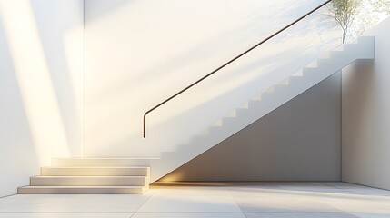 Obraz premium Modern staircase with sleek metal railings ascends white minimalist walls illuminated by subtle lighting, creating geometric architectural composition with clean lines and spacious text areas. 