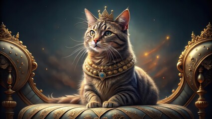 Fototapeta premium Regal feline queen sits on plush velvet cushion adorned with intricate golden filigree, her whiskers twitching as she surveys her kingdom with discerning gaze , regal, whiskers